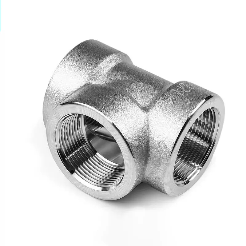 Stainless Steel Internal Thread Equal Tee - A high-quality stainless steel pipe fitting with internal threads, designed to connect three pipes of equal diameter at a 90-degree angle.