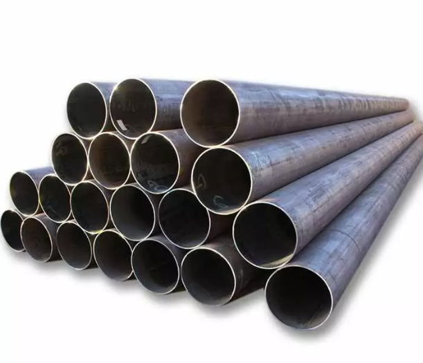 A close-up view of a welded steel pipe, showcasing its smooth surface and welded seam, commonly used in construction and industrial applications.